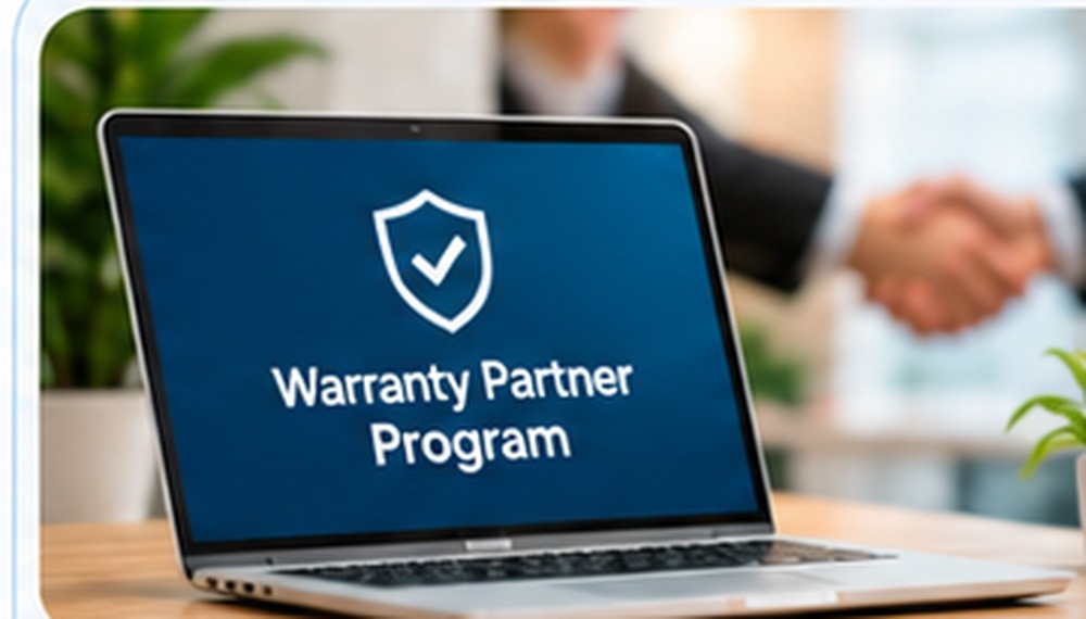 Laptop displaying a warranty partner program with a business handshake in the background